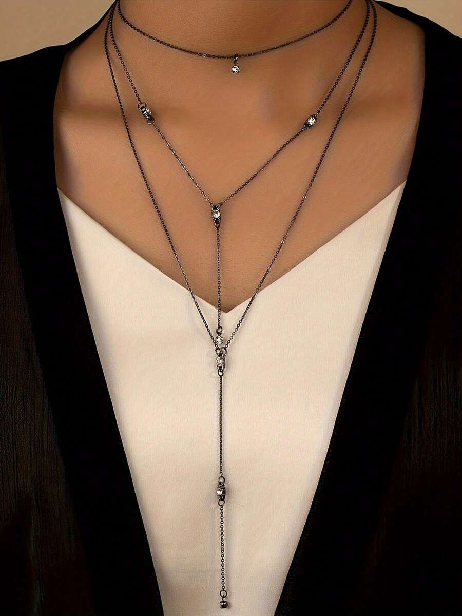 Trang trí Rhinestone Vòng cổ nhiều lớp Y Lariat - màu đen - Xem 1