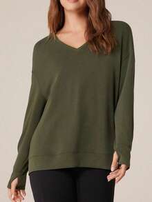 Damen Große Größen Einfarbiger V-Ausschnitt Langarm Sport- und Freizeitkapuzenpullover