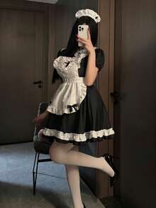 Cute Lolita Maid Costume With Ruffle Hem Flared Ball Gown And Puff Sleeves Round Neck Contrast Lace Design Perfect For Party