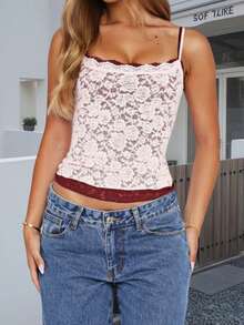 Women Y2k Lace Floral Camisole Patchwork Spaghetti Strap Crop Tank Tops Sleeveless Backless Tank Tops Open Back Going Out Tops Slim Fitted Shirt Basic Tees Club Streetwear Aesthetic Clothes - Hồng - Xem 4