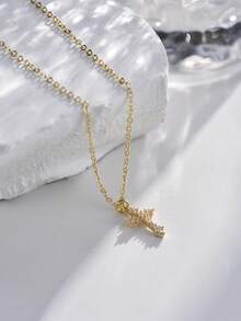 Tkool 1pc Shiny Gold-Tone Cross Pendant Necklace With Cubic Zirconia Stones - Yellow Gold - View 3