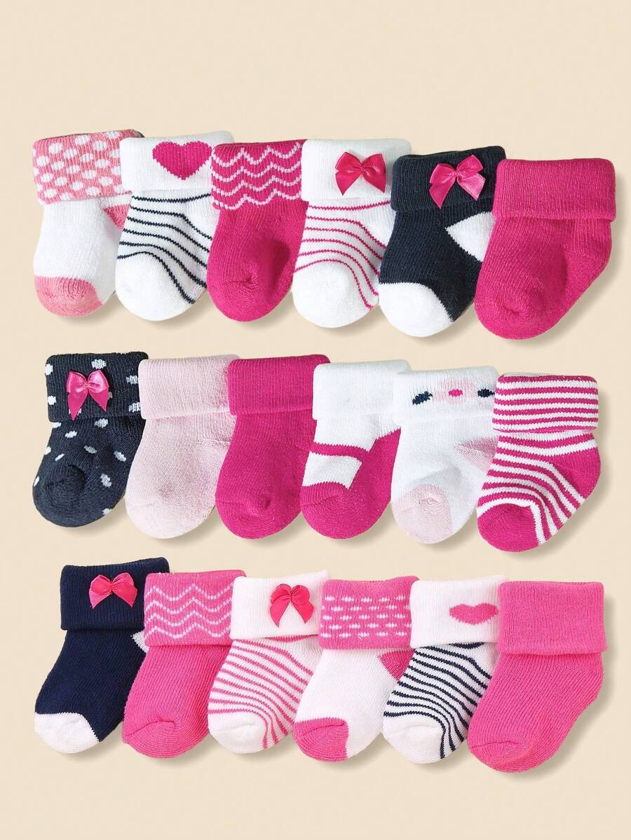 12/6双装婴儿保暖袜，加厚保暖内衬女童袜，适合0-3岁新生儿，心形条纹印花设计，饰有时尚蝴蝶结，适合日常穿着和送礼。婴儿袜，新生儿袜，幼儿袜，婴幼儿袜。 - 彩色 - 查看 1