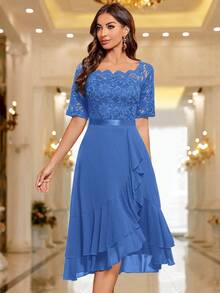MIUSOL Đầm cocktail cổ thuyền phối ren hoa, viền bèo nhún, thích hợp cho tiệc cưới, mùa xuân. - Màu xanh lam - Xem 4