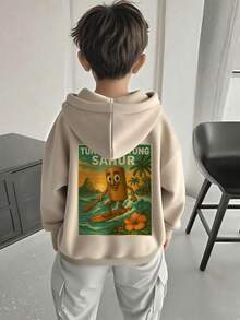 1pc Tween Boy Casual Printed Pullover Sweatshirt, Thermal Lined, Long Sleeve, Autumn/Winter - Apricot - View 7