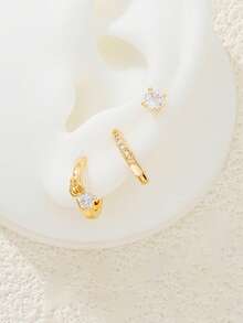 6件套女士时尚简约金色立方氧化锆闪亮耳钉套装，低过敏性，小巧耳环设计，轻盈百搭，适合多个耳洞 - 金黃色 - 查看 3