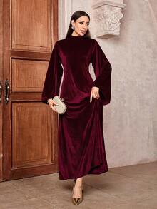 Elegante vestido de terciopelo burdeos de manga larga con mangas acampanadas, cinturón en la cintura y cremallera, adecuado para otoño/invierno, fiesta de cóctel, dama de honor de boda, Navidad