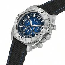 Guess 1 Piece Men's Quartz Watch – 46 Mm Silver Stainless Steel Case & Bracelet, Blue Dial With Multifunctional Timing &Black Rubber Watch Strap, Date Display, 50 M Water-Resistant Fashion Accessory–GW0801G1