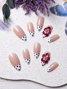 10 件手工制作杏仁形红色法国波尔卡圆点 3D 美甲贴纸，优雅奢华指甲贴花 - 彩色 - 查看 6
