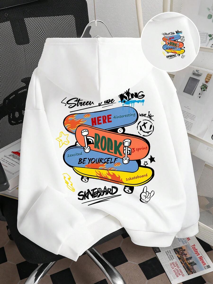 Tween Boy Cartoon Skateboard Print Warm Sweatshirt - White - View 1