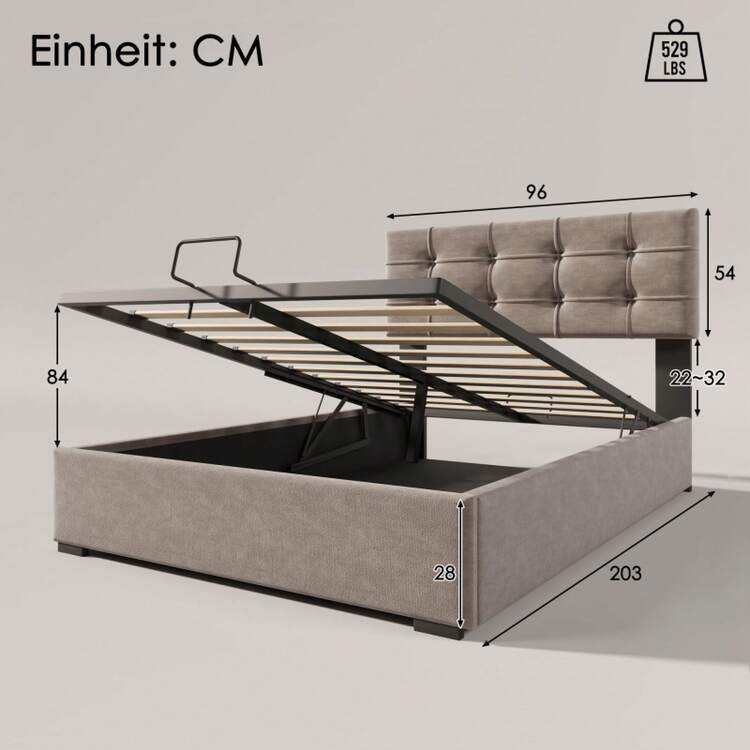 Hydraulic Single Upholstered Bed 90x200cm, Adjustable Headboard, Bed With Metal Slatted Frame, Velvet, Modern Bed Frame With Storage Space, Light Grey (Mattress Included) - 淺灰色+絨+90cm*200cm - 查看 11