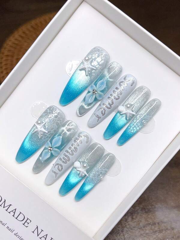 10 片纯手工可穿戴指甲，长椭圆形指甲形状，手绘 3D 浮雕，蓝色渐变猫眼热带风格假日，按压式指甲按压式丙烯酸秋季指甲