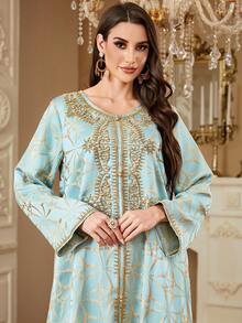 Solessence Women's Ramadan Ramadan New Embroidered Beaded Long Sleeve Dress, Suitable For Banquet, Home And Daily Wear, Abaya - Green - View 3