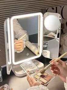 1pc Three-Fold LED Makeup Mirror, Desktop Vanity Makeup Mirror With 3x/2x/1x Magnification,Portable HD Vanity Mirror Brightness Adjustment Folding Vanity Mirror With Stand & 3 Color Lighting, Foldable Tri-Fold Design, Rechargeable 800mAh Battery, USB Charging,Travel, Lighted Mirror With Touch Screen Dimming For Cosmetic, Best Gift For Women,Valentine's Day Gift,Christmas Gift,Cheap,Stocking Stuffers,Makeup,Makeup Tools,Cheap Stuff,Gifts,Gifts For Women,Christmas Gifts - Multicolor - View 10