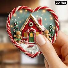 1pc Heart-Shaped Christmas Magnet With Candy Cane Frame And Gingerbread House Center - Red & White Acrylic Refrigerator Decor, 2D Flat Holiday Decoration With Golden Bow And Snowy Roof - Fridge Or Tabletop Decor, New Year Home Gift, Gingerbread Man And Candy Cane Design, Holiday Cottage Style Accent, Suitable For Christmas Tree Or Tabletop Display, Durable Acrylic Material, 2D Flat