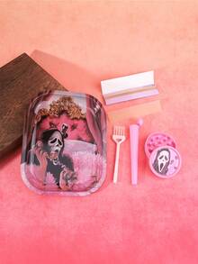 5 Pieces Of Pink Death Style Smoking Set, 1 Small Brush, 1 Storage Tube, 1 Plastic Grinder, 1 Pink Cigarette Paper, 1 180 * 140mm Storage Tray, Exquisite Smoking Gift, Storage Tool.