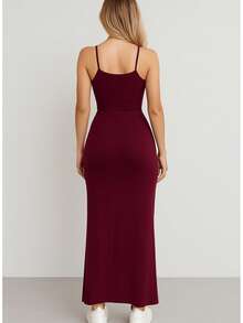 Women's Elegant Casual Long Dress In Ribbed Knit With Side Slits - Burdeos - Ver 4