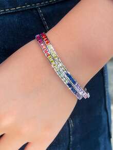 1 Stück Regenbogen-CZ Prinzessin Quadrat Fassung 3,0 mm Tennis Armband, versilberter kubischer Zirkonia Schmuck für Frauen für Bräute, Verlobung, Hochzeit, Bankett, Party, Mutter, Brautjungfern, Ehefrau, Weihnachten