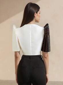 Amyenjoylife Modern Philippine Style Summer Elegant Puff Sleeve Splice Cardigan Top Bolero Philippine Women Clothing, Champagne Top - Champagne - View 2