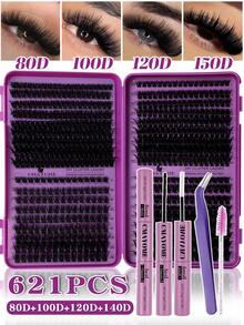 CMAYOME 800/640/621 Pcs D-Shaped High-Capacity Mixed Pack Of False Eyelashes And Mascara, 10D + 20D + 30D + 40D/50D + 60D + 80D + 100D / 30D + 40D + 60D + 80D / 80D + 100D + 120D + 150D. Multiple Specifications With Varying Densities And Softness. Natural And Fluffy False Eyelashes. DIY False Eyelashes. Natural-Looking Cluster Of False Eyelashes.