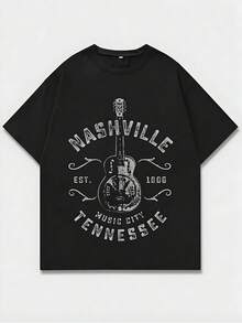 Vintage - Style Black T - Shirt With Nashville Guitar Graphic,Casual Print,Comfortable And Versatile,Letter Pattern Pure Cotton 220g Printed T-Shirt,Unisex Style - màu đen - Xem 1