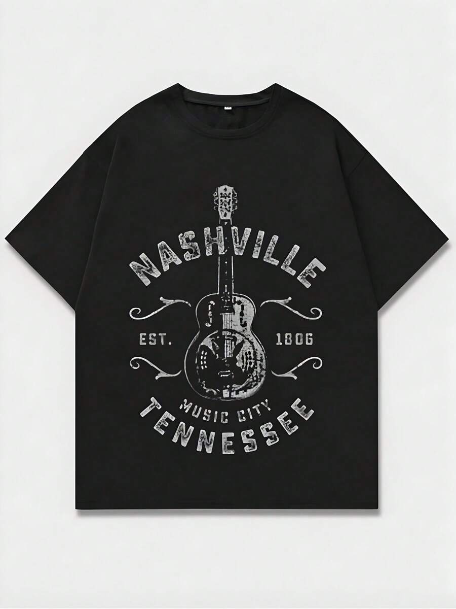 Vintage - Style Black T - Shirt With Nashville Guitar Graphic,Casual Print,Comfortable And Versatile,Letter Pattern Pure Cotton 220g Printed T-Shirt,Unisex Style - màu đen - Xem 1