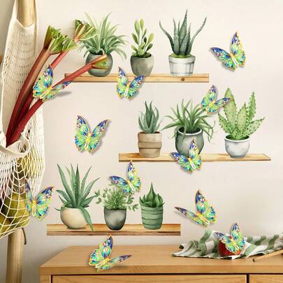 Potted Plant Wall Sticker Set, Colorful 3D Butterfly Wall Decal Art Mural DIY Living Room Bedroom Home Decor