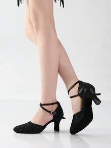 Damen Schwarze Ballroom Tanzschuhe 7cm Latein Tanzabsätze mit Mesh-Obermaterial, Knöchelriemen geschlossene Zehenpartie, weiche Sohle Tanzschuh für Training Aufführung Tango Salsa ChaCha Flamenco - Schwarz - Übersicht 2