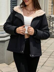 Jaqueta com Capuz Feminina, Casaco Casual Parka, Tecido Acolchoado de Cor Sólida, Adequado para Outono, Inverno, Primavera - Preto - Visão 1