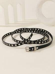 1pc Women's Extra Long Double Layer Casual Punk Retro Metal Eyelet Superlative Waist Belt, Western Cowgirl Style Skinny Leather Belt, Suitable For Daily And Party Outfits - A - View 6