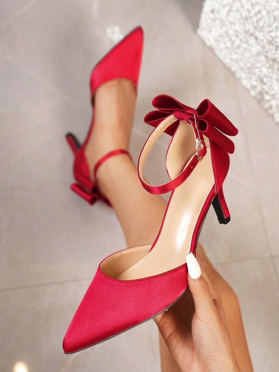 Burgundy Satin Bow Pointed Toe Ankle Strap High Heel Shoes For Women, Spring/Autumn - Burgundy - View 1