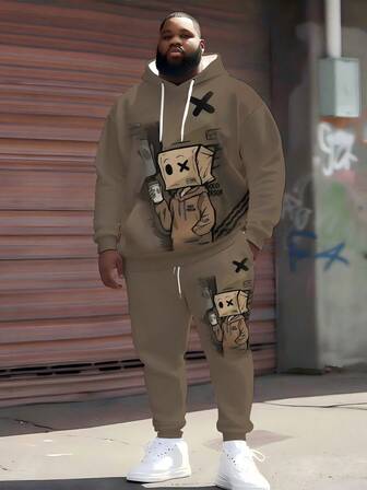 ZhuYa 时尚“休闲运动版趣味方框男孩印花”加大码男士连帽卫衣套装，春秋冬季运动两件套 - 加大码宽松街头风，舒适休闲连帽衫+慢跑裤，百搭街头风