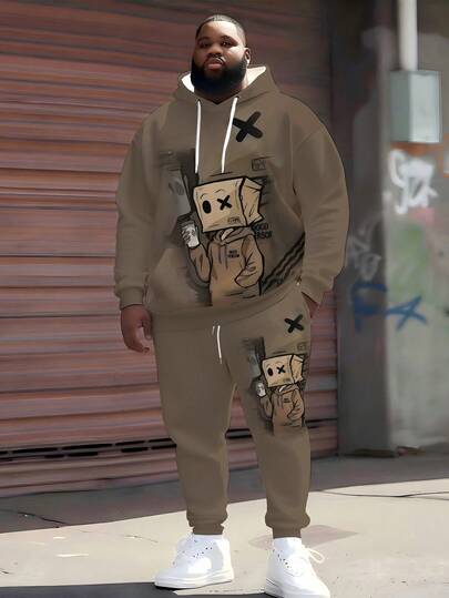 ZhuYa 时尚“休闲运动版趣味方框男孩印花”加大码男士连帽卫衣套装，春秋冬季运动两件套 - 加大码宽松街头风，舒适休闲连帽衫+慢跑裤，百搭街头风