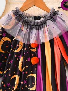 1pc Infant/Toddler Girls' Casual Fashion Colorful Striped Patchwork Star Moon Print Romper, Purple Mesh Ruffle Trim, Orange Pom Pom Decor, Half-Zip Front, Princess Daily Outfits, Halloween New Arrival 2025