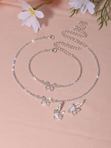 4 piezas Set joya con diamante de imitación con diseño de mariposa - Plateado - Ver 1