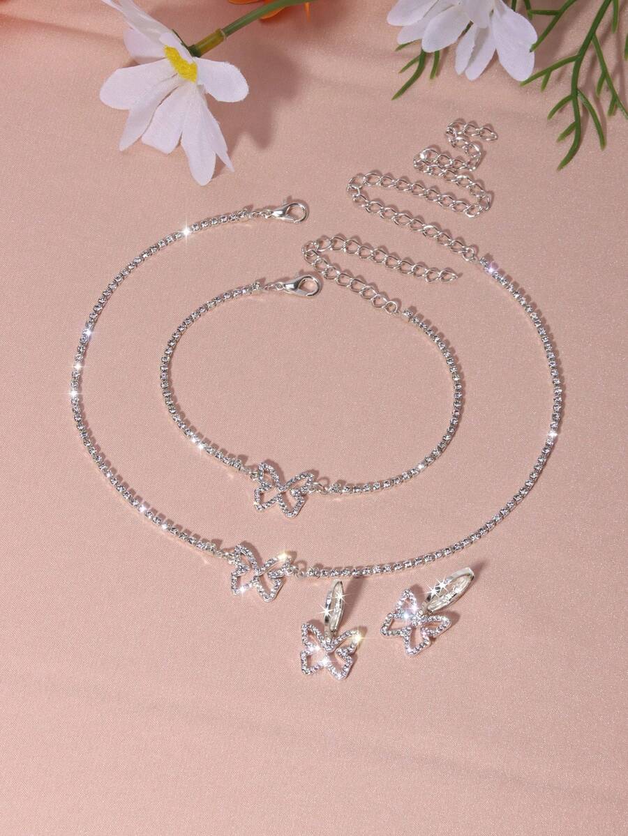 4 piezas Set joya con diamante de imitación con diseño de mariposa - Plateado - Ver 1