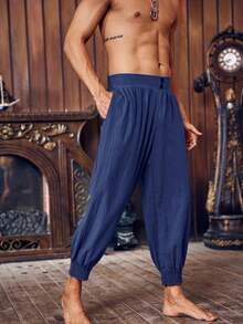 Men's Elastic Waist Pirate Costume Pants Cotton Medieval Viking Knicker Colonial Style Ideal For Halloween - Màu xanh hải quân - Xem 1