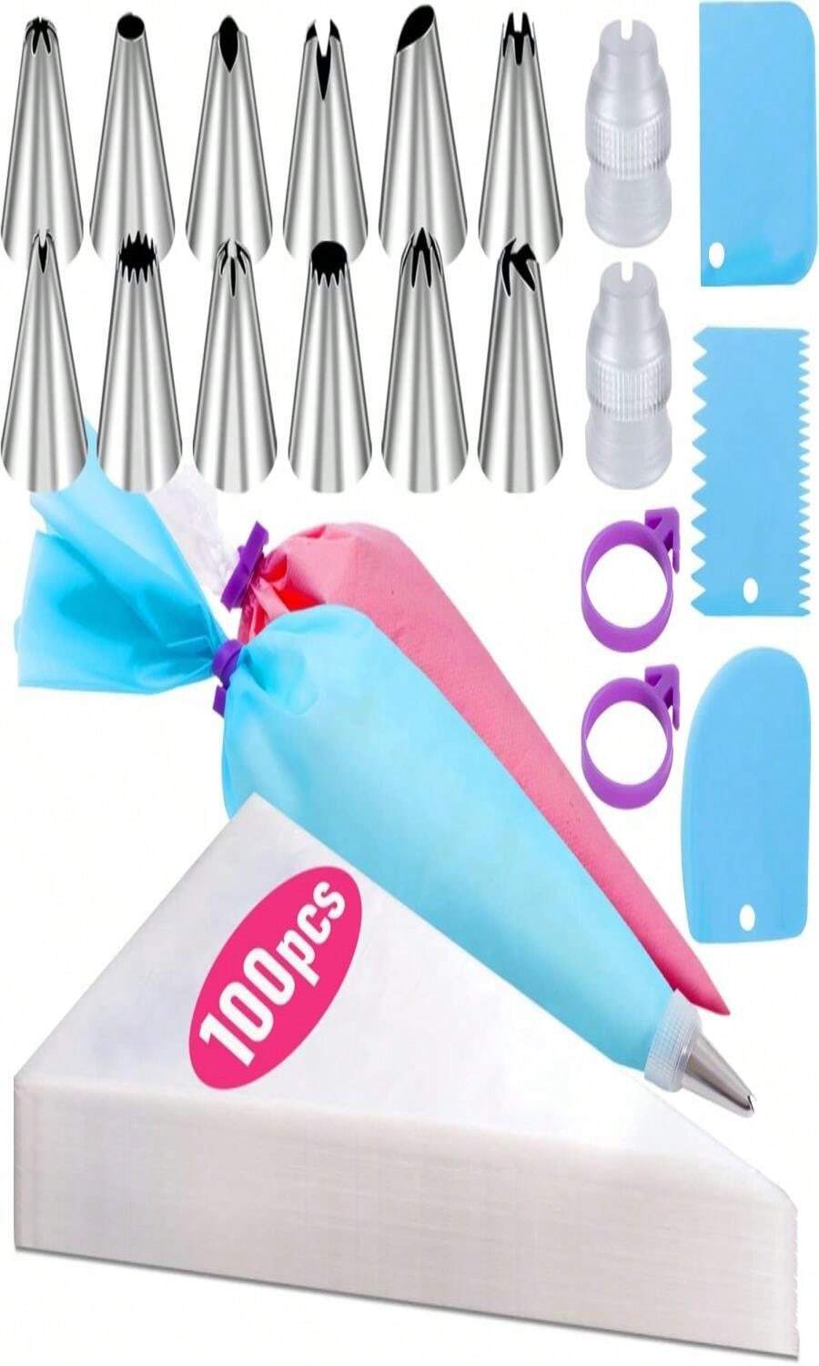 Piping Bags And Tips Set, 100Pcs 12 Inch Pastry Bags, Icing Bags Disposable For Cakes Decorating Kit Supplies With 1 Reusable Piping Bags, 1 Couplers, 12 Frosting Tips, 2 Bag Ties, 3 Cake Scraper - ColorA - 查看 1