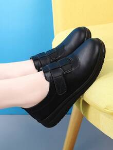 Women's Black Work Shoes, Soft Sole Non-Slip Breathable For Hotel, Kitchen, Office, Hook And Loop Flat Comfortable Commuter Leather Shoes