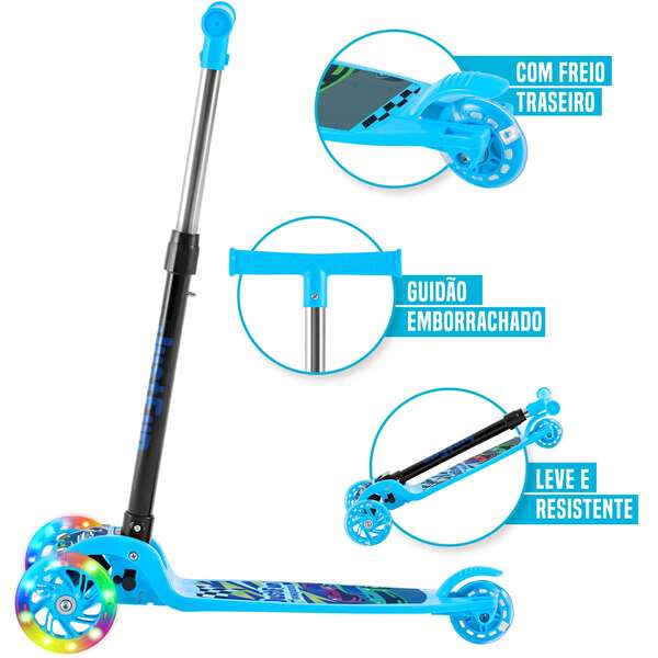 JustFun Patinete Infantil 3 Rodas De Led Dobrável Criança Azul Scooter Crianças