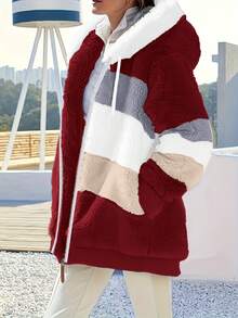 2026 Early Spring Curated Collection Plus Size - Women'S Plus Size Colorful Patchwork Hooded Jacket - Cozy Fleece-Lined Winter Coat With Drawstring, Casual Style, White & Blue, Beige & Blue, Cream & Blue, White & Cream, Winter Outerwear | Casual Style Jacket | Fleece Lined Jacket Colorblock Hooded Oversized Jacket For Women, Autumn/Winter This Retro Color-Block Faux Fur Hooded Jacket Is Your Cold-Weather "Joy Trigger"-The Second You Wrap Into It, Your Fingers Sink Into (Fluff) That Feels Like A Sun-Warmed Blanket: Soft, Plush, And Warm Enough To Lock Out Drafts, But Light Enough That You Can Reach For  Dig For Keys Without Feeling Bulky. - 紅色 - 查看 4