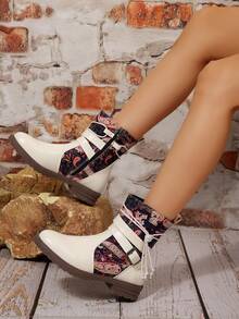 Giày bốt cao gót đế dày mũi tròn in họa tiết nhiều màu sắc cỡ lớn cho nữ - trắng - Xem 4