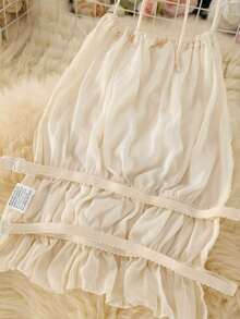 Women's Solid Color Sexy Backless Halter Neck Pleated Lace Trim Transparent Dress & Tank Top Set,Semi-Sheer - Beige - View 6
