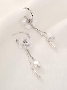 1 Pair Tassel Chain Faux Pearl Flower Dangle Swing Earrings For Women - Silver - View 2