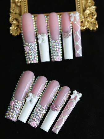10pcs Extra Long Handemade Press On Nails For Party And Daily Wear, 3D Rhinwstones,Flowers,Bowknot,Kitty And Ballet Elements For Girls,Easy To Wear10pcs Nail Y2K Extra Long Handmade Press On Nails,Shiny Atirficial Gems,Spring And Summer Style,Suitable For Girls And Women Festivals Parties And Daily Wear