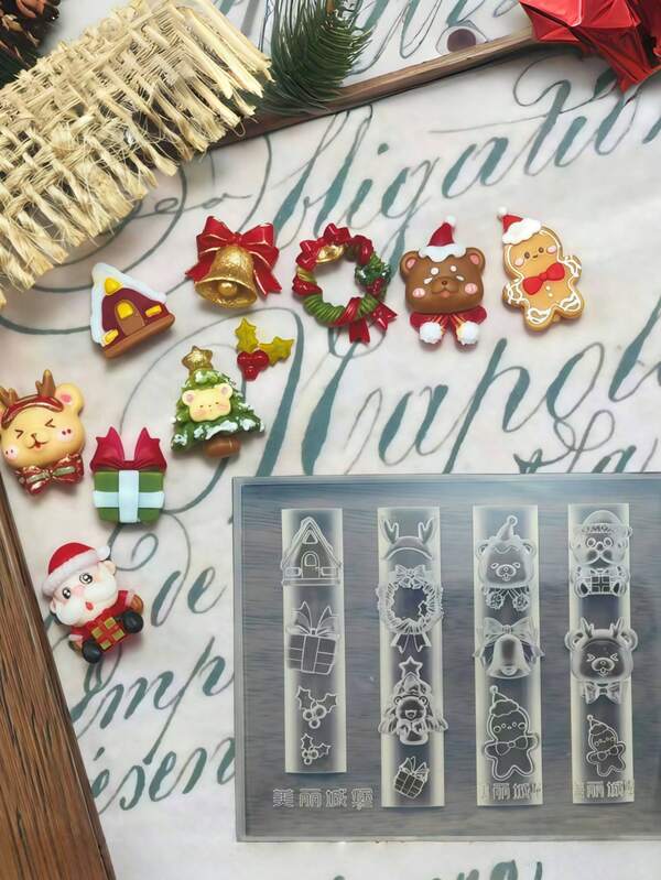 Molde de silicone para arte em unhas em relevo 3D com boneco de neve de Natal, árvore de Natal e Papai Noel
