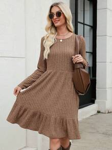 Women's Knitted Sweater Dress With Pockets, Casual Ruffle Hem, Brown Midi Dress, Suitable For Spring, Valentine's Day Party - Brown - View 6