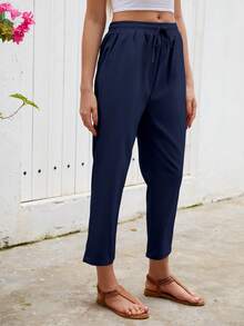 Calça Capri Azul Marinho Plissada com Cintura Elástica e Cordão, Tecido Sólido, Casual, Uso Versátil na Primavera/Verão, Ajuste Slim - Azul Marinho - Visão 4
