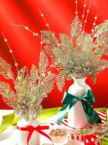 Juego de 5 piezas para decoración de árbol de Navidad, adornos navideños dorados, ramas artificiales con flores de glitter y bayas, ramas con tallos de flores de glitter doradas, adecuado para decoración de árbol de Navidad, regalo, jarrón pequeño, decoración del hogar, fiesta de boda y decoración navideña de invierno