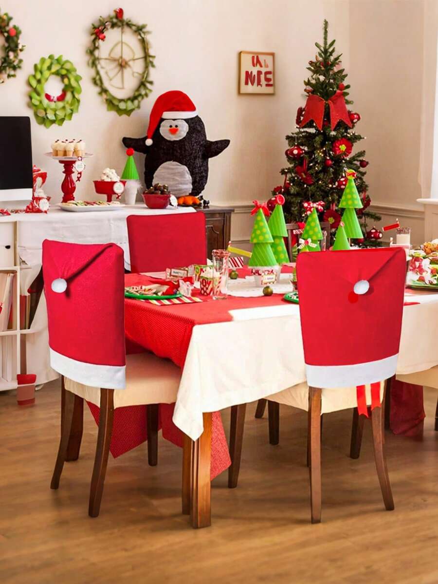 4/6/8/12pcs Christmas Chair Covers, Santa Hat Chair Covers, Christmas Chair Back Covers, Suitable For Christmas Dining Room Decoration - Multicolor - View 1