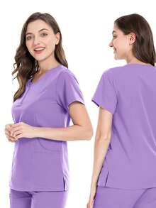 Pijama Uniforme Antifluidos Mujer Y Conjunto top de manga corta con pantalones, Enfermeras uniformes de verano de manga corta separa traje de enfermería uniformes de enfermería traje de lavado a mano ropa elástica de secado rápido top de manga corta con pantalones - Púrpura malva - Ver 3